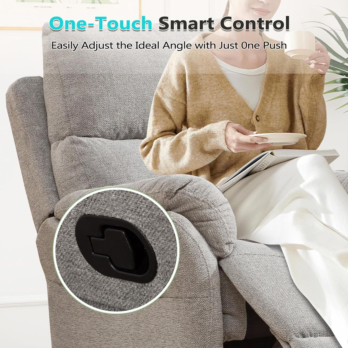 ANJ Swivel Rocker Recliner Chair, Manual Fabric Glider Nursery Recliner Chair, Single Rocking Modern Sofa Home Theater Seating for Living Room, Nursery (Silver)