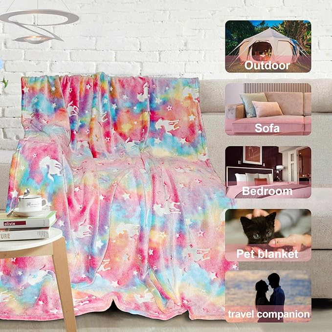 Unicorn Glow in The Dark Blanket for Girls/Kids, Soft Fleece Blanket Throw 50"x60" for Toddlers to Tweens