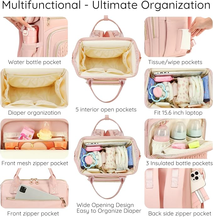 AIJIEKE Diaper Bag, Large Wide-Open Baby Diaper Backpack, Multi-functional Baby Travel Tote Bag, Diaper Bag with Changing Pad, Diaper Bags for Mom & Maternity (Pink)