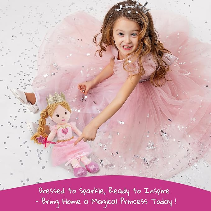 June Garden 12" Soft Baby Princess Doll Rosie - Stuffed Cuddly Princess Plush Gifts for Toddler Girls - Pink Dress