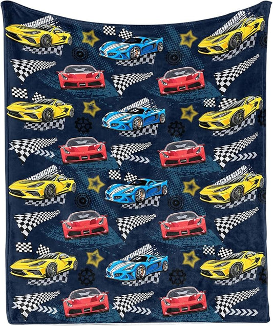 Car Blanket, Racing Car Flannel Blanket for Boys, Race Track Themed Room Decoration for Kids, Soft Cozy Gifts for Game Lover 50 * 60 Inches