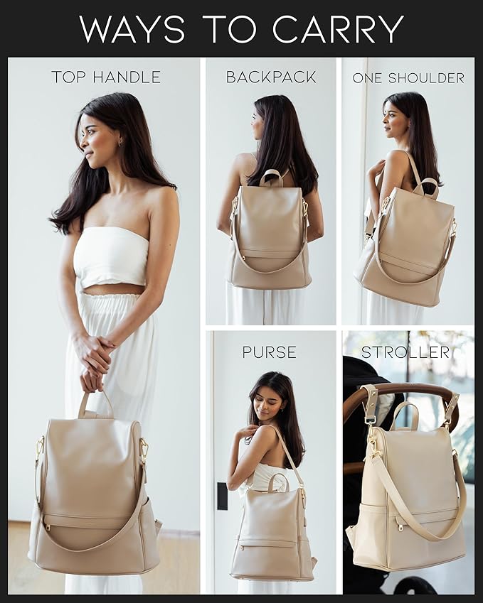 MIA + SOPHIA Leather Diaper Bag Backpack with USB Charging port, Changing Pad, Stroller Straps, and Bottle Holder (Beige Mia)