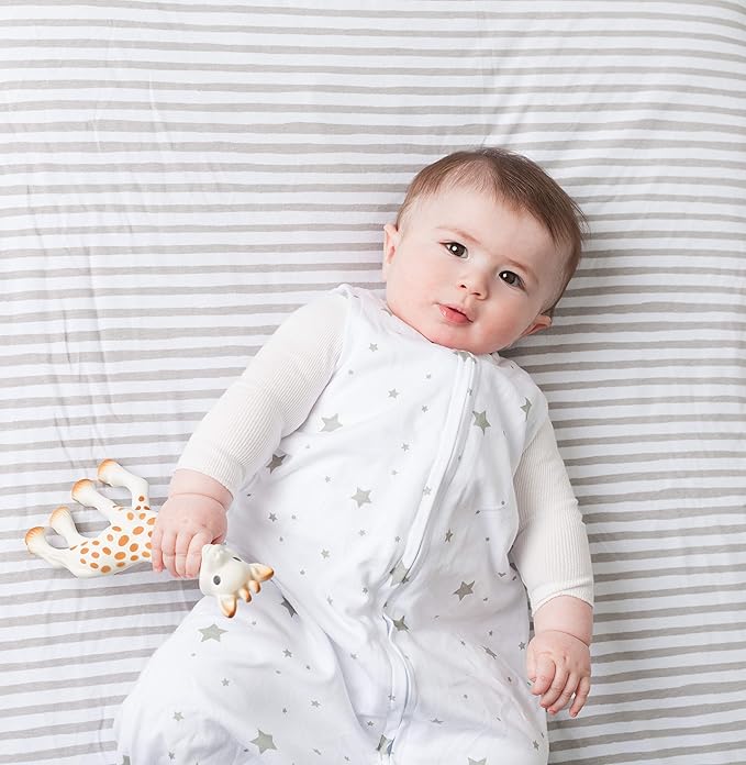 Ely’s & Co. Waterproof Pack and Play/Mini Crib Sheets – All-in-One Mattress Protector and Fitted Playard Sheets – Jersey Cotton – Grey Splash & Stripes, Gender Neutral Nursery Bedding – 2-Pack