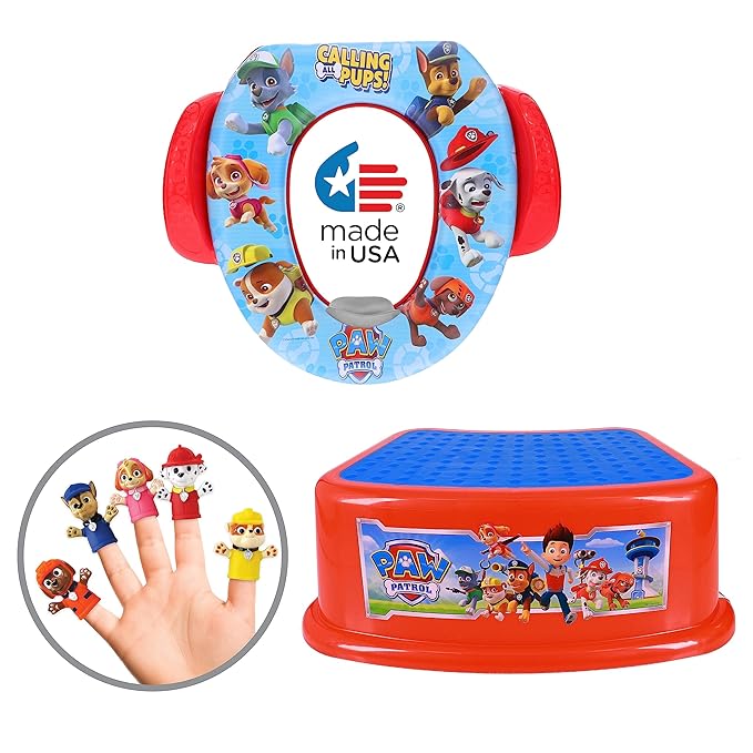 Nickelodeon PAW Patrol "Calling All Pups" 3 Piece Must Have Potty Training Set - Soft Potty Seat, Step Stool, Finger Puppets - Boy Potty Training