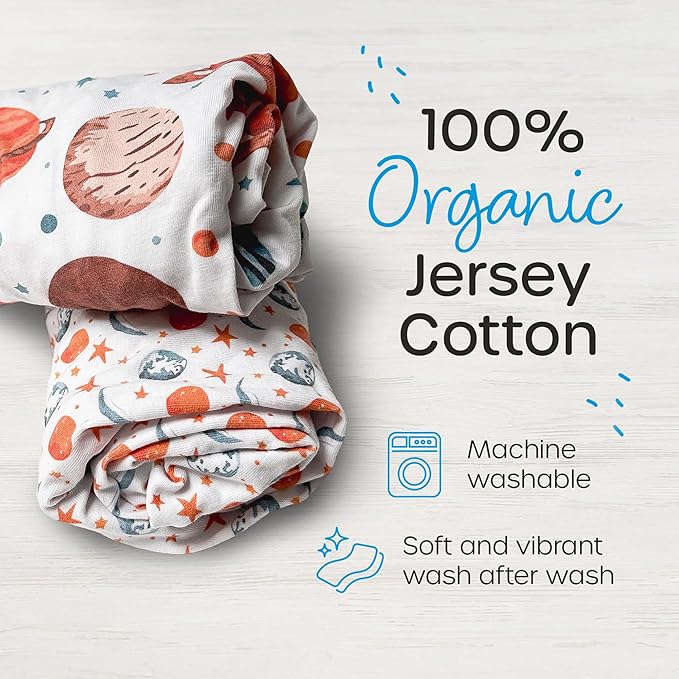 Quiggly Bassinet Sheets for Guava Lotus, 2 Pack Organic Cotton Jersey Knit, Vibrant Space Star & Planet Patterns - Fits Travel Crib Mattresses for Boys & Girls (Bassinet, Starry Slumber)