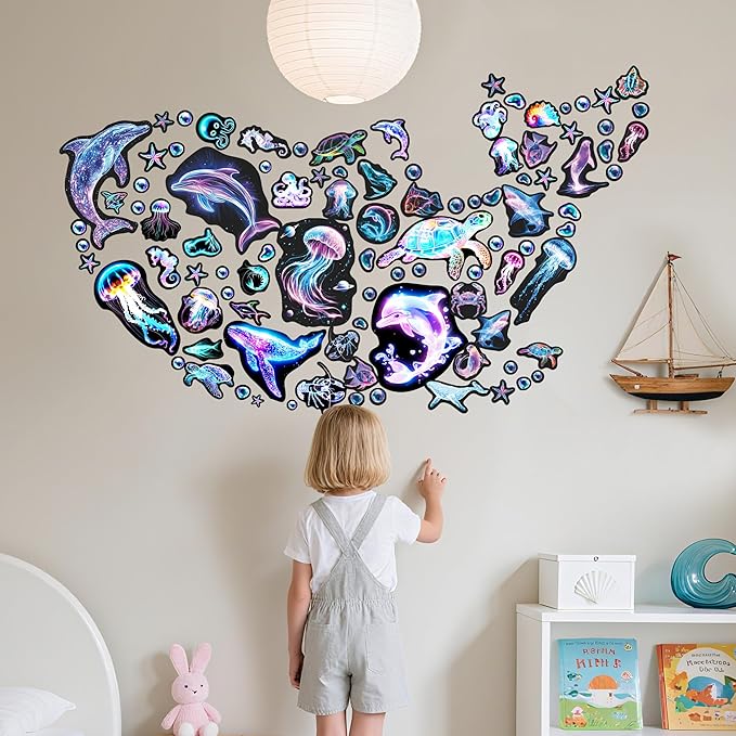 Fantasy Ocean Fish Wall Decals Glow in The Dark, Colorful Neon Ocean Animal Wall Stickers for Kids, Waterproof Vinyl Sea Creature Stickers, Ceiling Walls Room Bathroom Bedroom