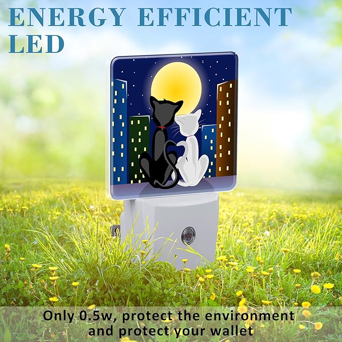 Night Light for Kids Girls Boys, Romantic Couple Cats Under Moon LED Night Light Plug into Wall with Dusk to Dawn Sensor for Room Decor, Hallway, Kitchen, Bathroom, Nursery, Stairs