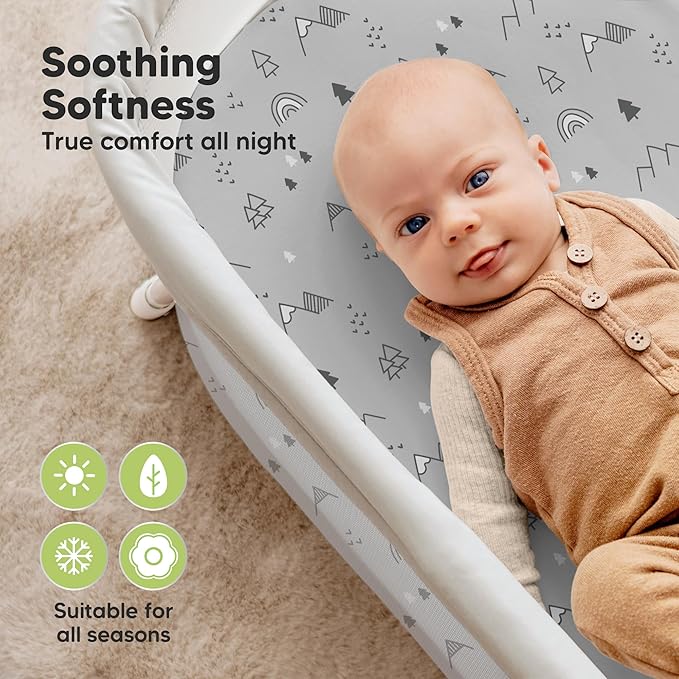 2-pk Waterproof Bassinet Sheets Girls, Boys, Cotton - 33x17 Universal Bassinet Mattress Pad Protector Cover, Compatible with Graco,Baby Delight,Chicco,Halo Bassinest Swivel Sleeper Fitted (Woodland)