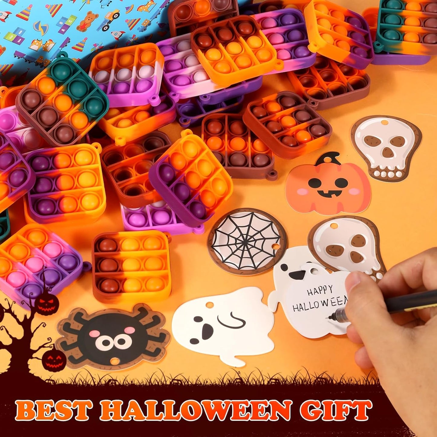 64Pack Halloween Mini Pop Fidget Toys Pack with Cartoon letter Party Favors, Silicone Squeeze Pop Bubble Fidget Bulk Sensory Toys, Pop Keychain Bubble Toy Party Bag Fillers for Kids, Wrap Pop Toy