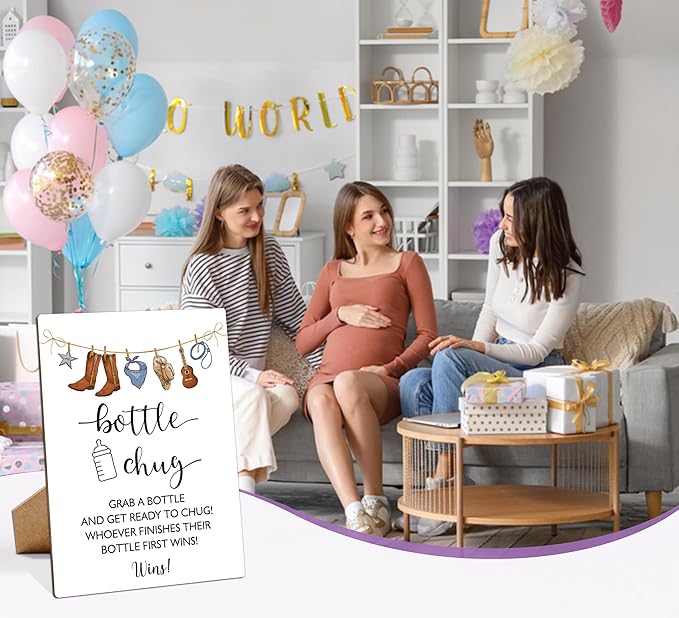 Baby Shower Games Bottle Chug Sign-8x11 Inches West Cowboy Wooden Sign Baby Gift for Baby Shower Gender Reveal Party, Gender Neutral Baby Bottle Shower Party Games Favors Supplies-11