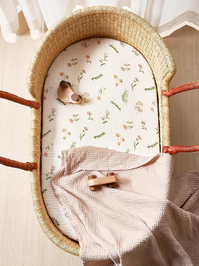 TILLYOU Muslin Bassinet Sheets for Baby Boys Girls 3 Pack, Soft Breathable Elastic Cotton Bassinet Mattress Sheets, Fit Hourglass Oval Rectangle Cradle Mattress, 33"X17",Daisy