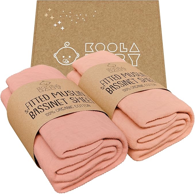 Bassinet Fitted Sheets - Compatible with SNOO Happiest Baby Oval Bassinet | 100% Organic Muslin Cotton - Light Pink + Dark Pink | 30x16 (2 Pack)