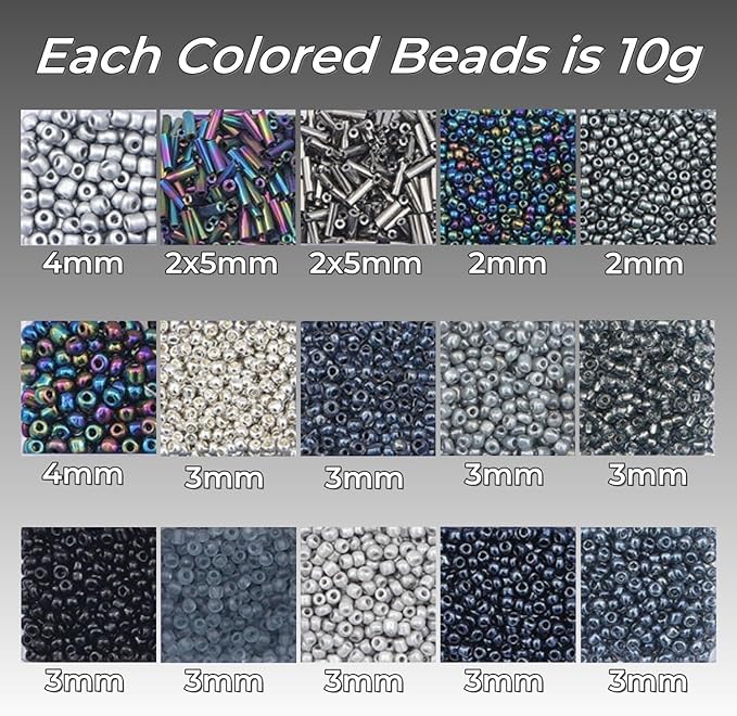 15 Color 4mm Small Assorted Glass Seed Beads,3mm Bugle Beads Friendship Bracelet Kit,2mm Tiny Tube Bead for Jewelry Making(Black)