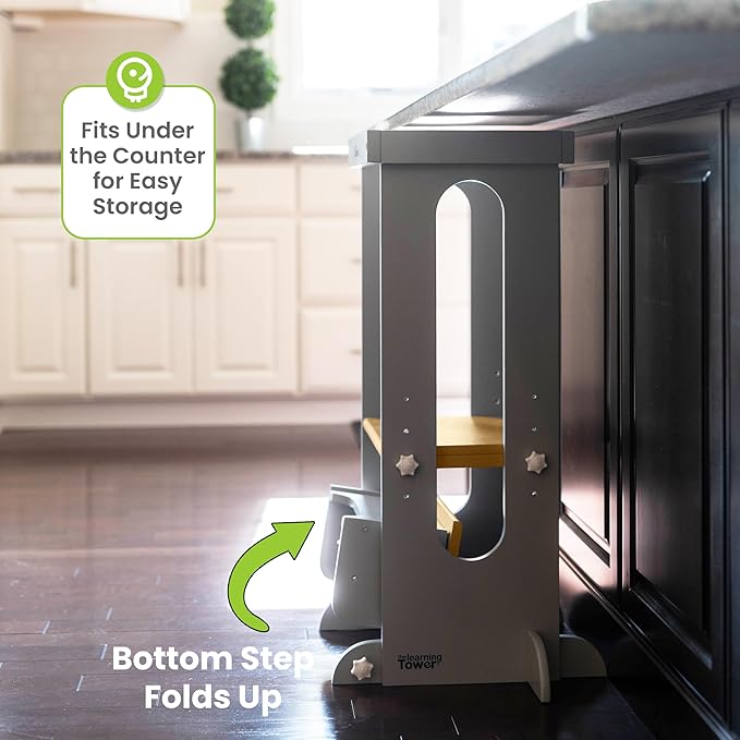 Little Partners Foldable Toddler Tower, Learning Tower Explore 'N Store Montessori Standing Kitchen Tower with Folding Step Stool Platform for Cooking and Learning, Ages 2+ (Silver Drop W/Natural)
