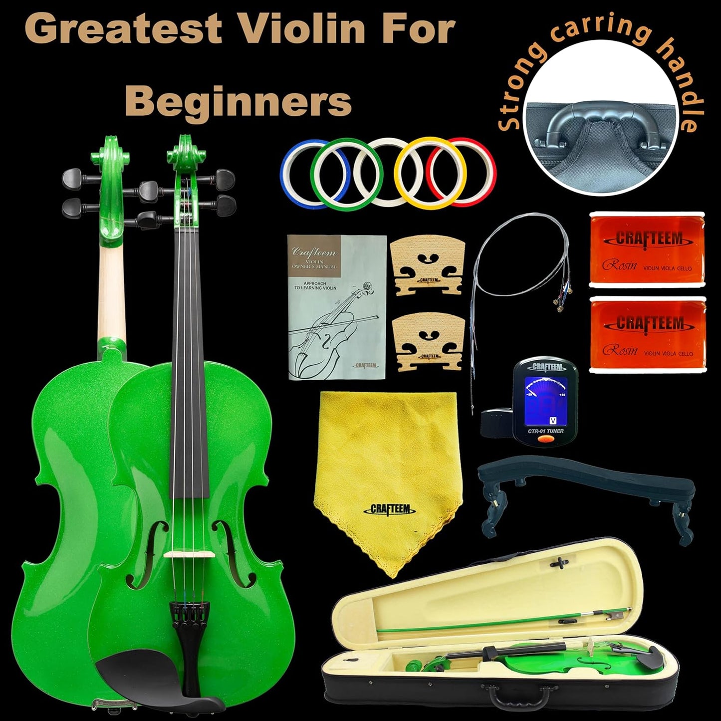 4/4 Full Size Fiddle Green Colored Premium Violin Outfit for Beginners Adults Kids With 5 Color Fingering Tape- Handcrafted Student Beginner Violin.(Green, 4/4 Full)