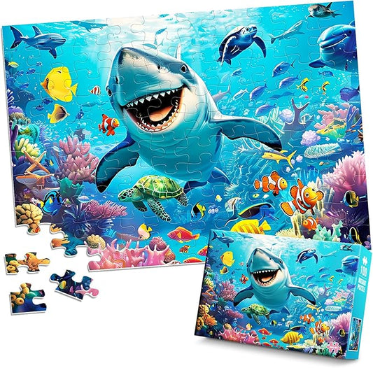 100 Piece Puzzles for Kids Ages 4-8 - Grinning Shark Marine Life - Jigsaw Puzzles for Kids Ages 3-5 6-8 8-10 Year Old Colorful Undersea World Puzzles for Boys and Girls Educational Learning Toys