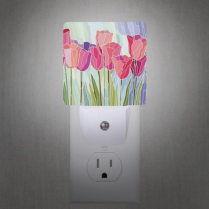Pink Tulip Flowers Night Light Plug-in LED Nightlights Auto Sensor Night Lamp Dusk-to-Dawn Lamp Home Decor for Nursery Children Girls Boys