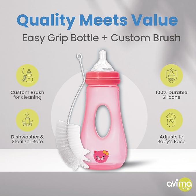 Avima Easy Grip Anti Colic Baby Bottles, BPA Free, 8 oz. Wide Neck w/Medium Flow Silicone Nipples & Bottle Brush Pink Set (Pack of 3)