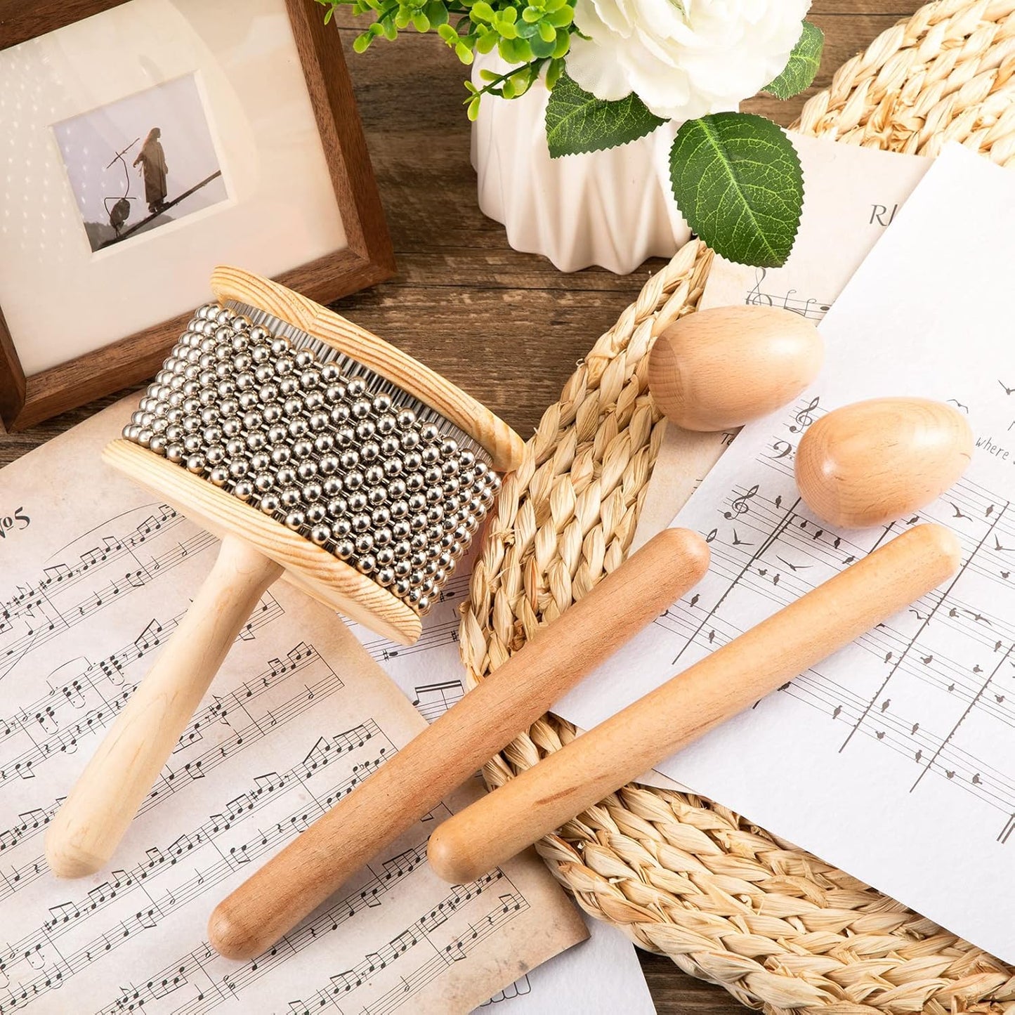 5 Pcs Cabasa Music Instrument for Baby Shower Gifts Wooden Hand Percussion Instrument Set with Stainless Steel Breads Latin Percussion Instrument Classical Wood Claves Rhythm Sticks Egg Shakers