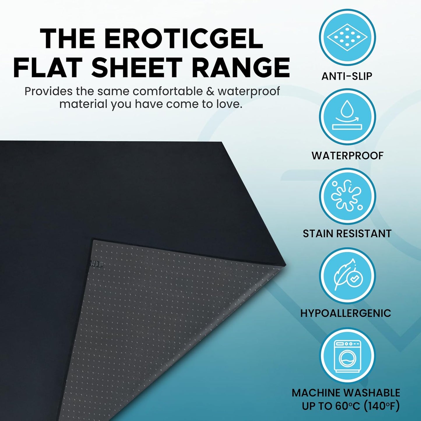 Black Waterproof Flat Drop Sheet (59”x59”), Anti-Slip Mattress Topper with Strengthened Grip, Protector Cover, Safe with Oil, Water, & Silicone-Based Massage Products, Hypoallergenic, Machine Washable