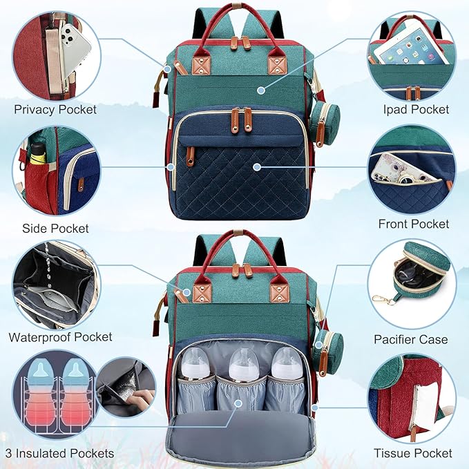 Diaper Bag Backpack Baby Bag, Baby Girl Boy Diaper Bag for Dad Mom with Pad, 16 Pockets, Pacifier Case, Large Diaper Bags Unisex for Travel (Colorful)
