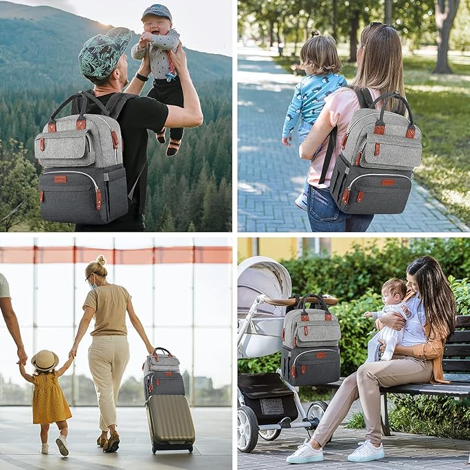 Diaper Bag Backpack, Baby Bag for Boys Girls, Large Diaper Backpack Travel Diaper Bags with Insulated Pockets Baby Registry Search Shower Gifts Newborn Essentials for Mom Dad, Waterproof Grey