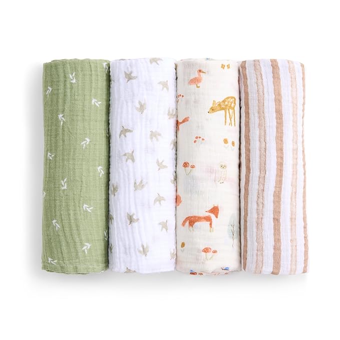 aden + anais Essentials Cotton Muslin Swaddle, Breathable Baby Blanket, Ideal for Boys, Girls, Newborns, Babies & Infants, Receiving Blanket, Soft and Lightweight Wrap, 4 Pack, Sage Woodland