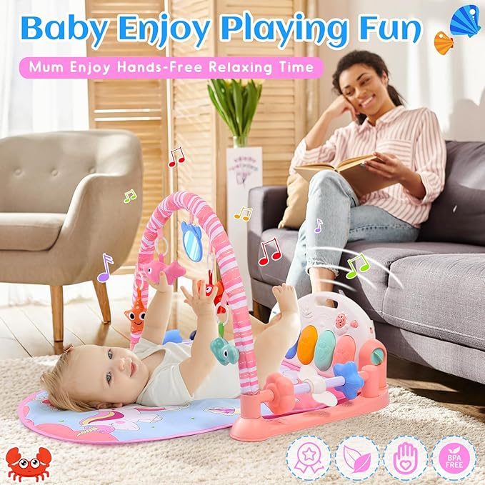 Baby Gyms Play Mats with Tummy Time Water Mat, Baby Activity Mat Play Piano Gym with 5 Sensory Toys for Babies, Music and Lights Boy & Girl Gifts for Infant Newborn Babies 0-3 4-6 6-9 6-12 Months