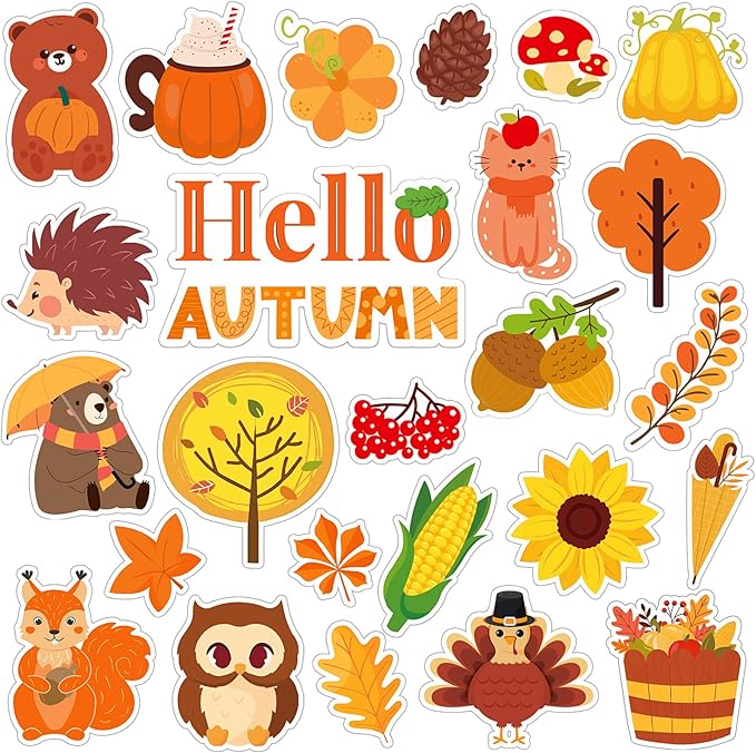 MARFOREVER 50 PCS Fall Gel Window Clings, Autumn Harvest Pumpkins Maple Leaf Pine Cones Thick Window Gel Clings Decals for Kids Fall Thanksgiving Classroom Nursery Home Party Supplies Decorations