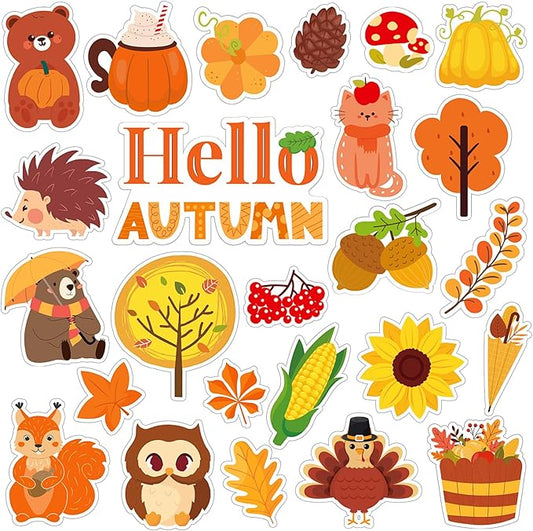 MARFOREVER 50 PCS Fall Gel Window Clings, Autumn Harvest Pumpkins Maple Leaf Pine Cones Thick Window Gel Clings Decals for Kids Fall Thanksgiving Classroom Nursery Home Party Supplies Decorations