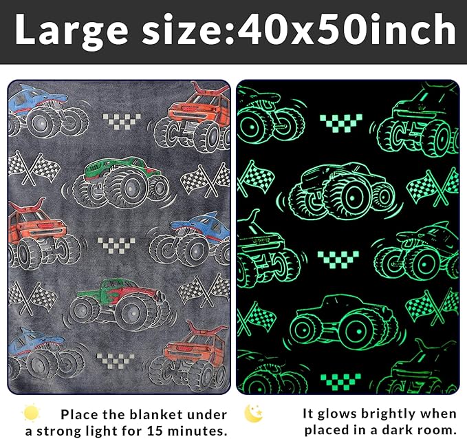 Truck Gifts for Kids Boys - Glow in The Dark Blanket for Sofa Couch Bed Birthday Christmas Easter