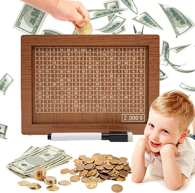 10000 Savings Challenge Box, Money Saving Box with Money Target and Numbers, Cash Vault Wooden Savings Box, Wooden Money Box, Coin Counter Piggy Bank for Adults, Wooden Coin Bank for Kids 2,000