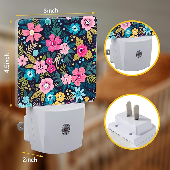 Bright Colorful Flowers and Leaves Night Light Plug Wall,Pink Yellow Blue Flower LED Night Lights with Dusk to Dawn Light Sensor for Women Girls Boys Room Decor,Hallway,Kitchen,Bathroom,Nursery,Stairs