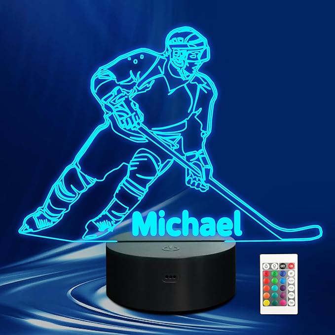 Customized Ice Hockey Night Light, 3D LED Optical Illusion Lamp with Remote Control and Timer, Perfect Christmas and Birthday Gift Idea for Boys, Kids, and Teen
