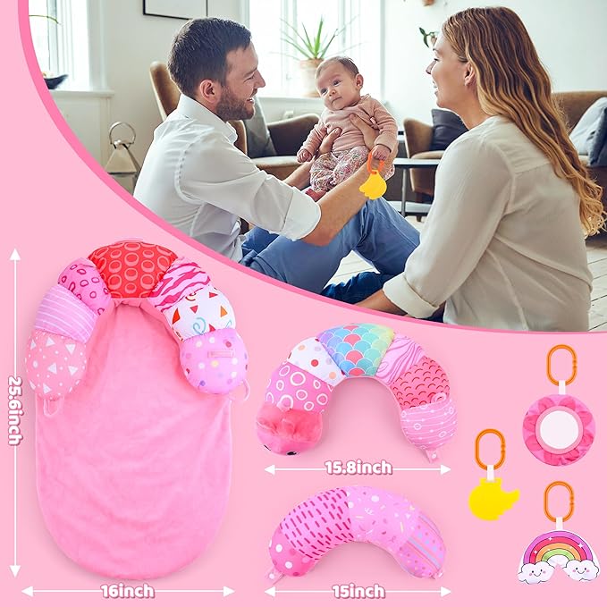 2-in-1 Tummy Time Mat & Seated Support Pillow Baby Toys 6-12 Months, Baby Tummy Time Toys Sit Me Up Floor Seat for Newborns and Older Babies, with Detachable Support Pillow and Toys(Pink)