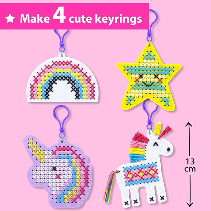KRAFUN Cross Stitch Kits for Kids Beginners, 4 Unicorn Cross Stitching Keyrings Arts & Crafts, Needlepoint Embroidery Kit for Girls 5-13 Craft Kit Backpack Charms, Ornaments