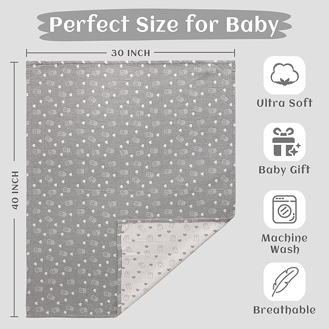 NTBAY 3 Layer Muslin Cotton Toddler Blanket, Jacquard Reversible Nursery Bed Blanket, Super Soft and Thermal for All Seasons, Decoration Gift, 30"x40", Dark Grey Rabblt