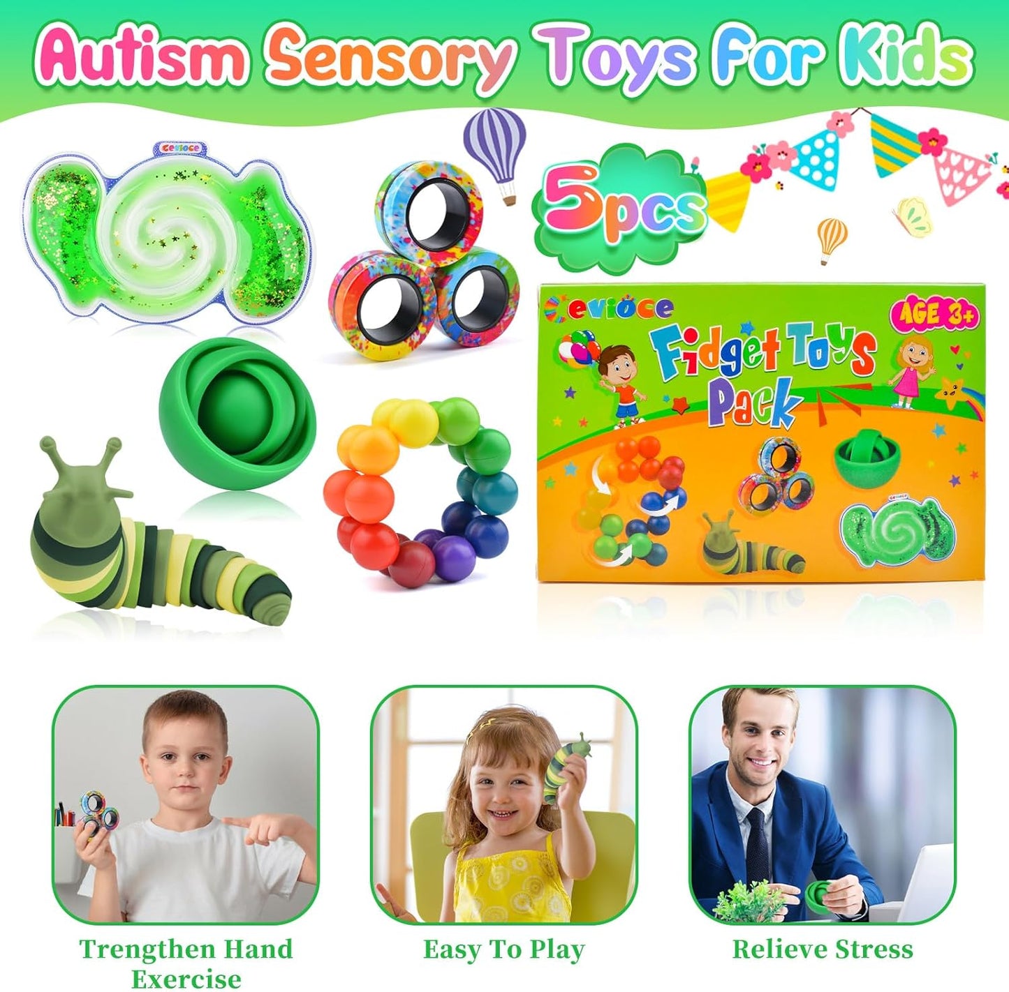 Cevioce Sensory Toys 5 Pcs Fidget Toys Bulk,Christmas Basket Stuffer Present Party Favors,Autism Sensory Toys for Autistic Children,Toddler Stress Relief Toy for Boys Toddlers Girls Teens for Age 3+