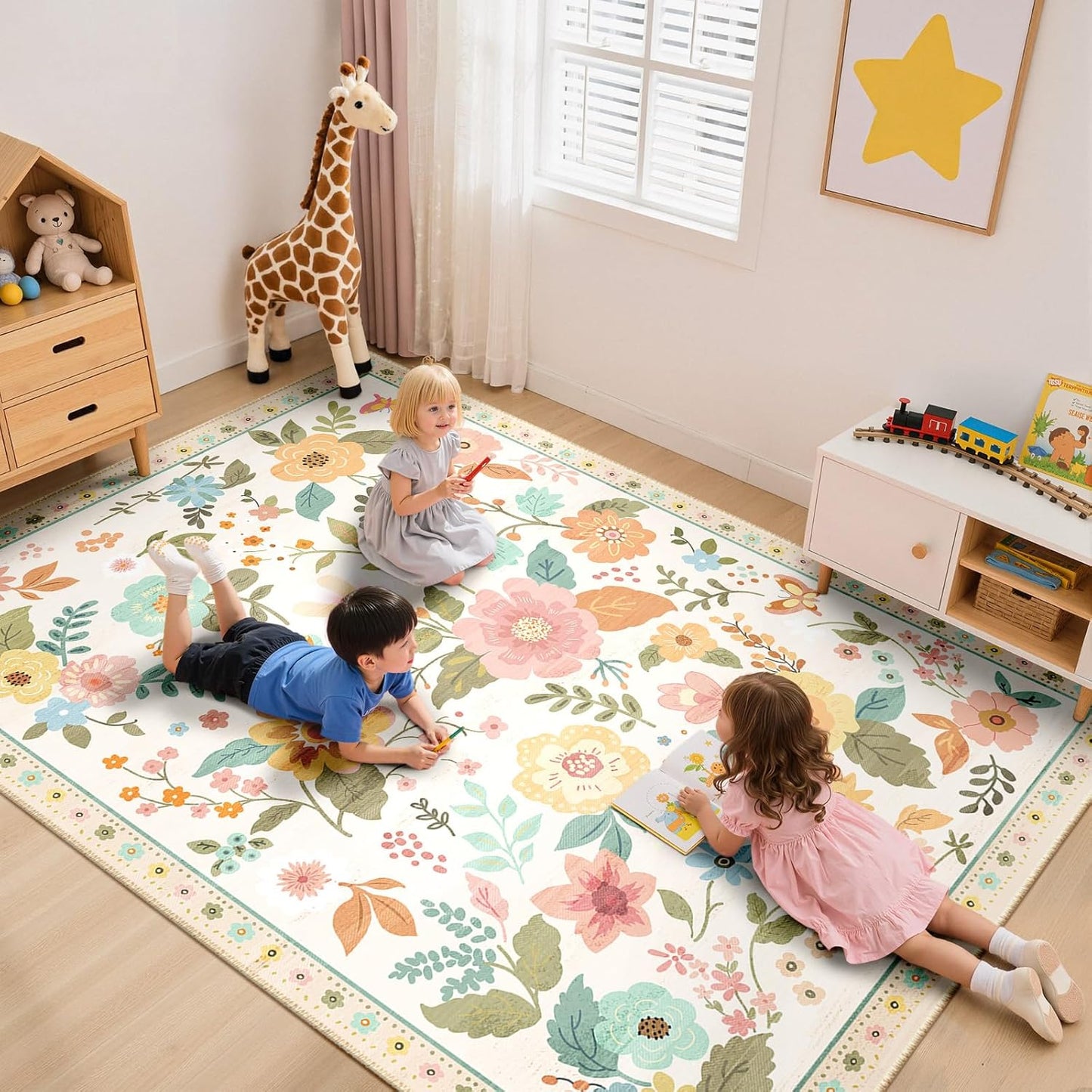 Floral 5x7 Area Rug Machine Washable Soft Print Boho Carpet Non Slip Doormat Low Pile Flower Area Rugs for Living Room Bedroom Nursery Kitchen Dining Room Indoor-Beige/White/Orange