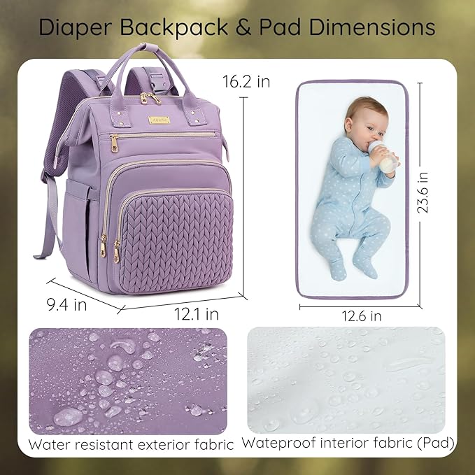 AIJIEKE Diaper Bag, Large Wide-Open Baby Diaper Backpack, Multi-functional Baby Travel Tote Bag, Diaper Bag with Changing Pad, Diaper Bags for Mom & Maternity (Purple)