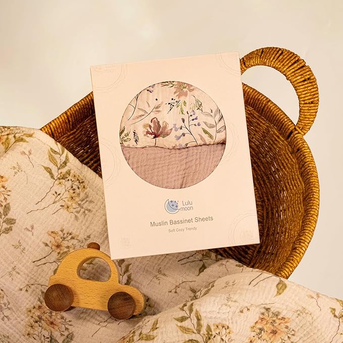 lulumoon Baby Bassinet Sheets Muslin: Soft Fitted Bassinet Sheets Floral for Girls - Fit for Oval Rectangle or Hourglass Mattress