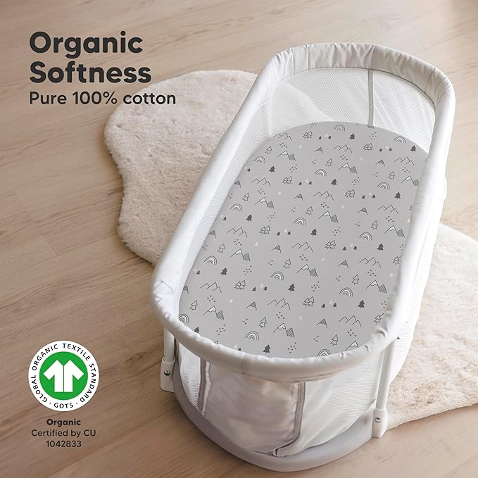 2-Pack Organic Bassinet Sheets for Girls, Boys - 100% Cotton Bassinet Mattress Sheets Compatible with Halo Bassinest Swivel Sleeper, Graco, Baby Delight, Chicco, Fitted Bassinet Sheets (Woodland)
