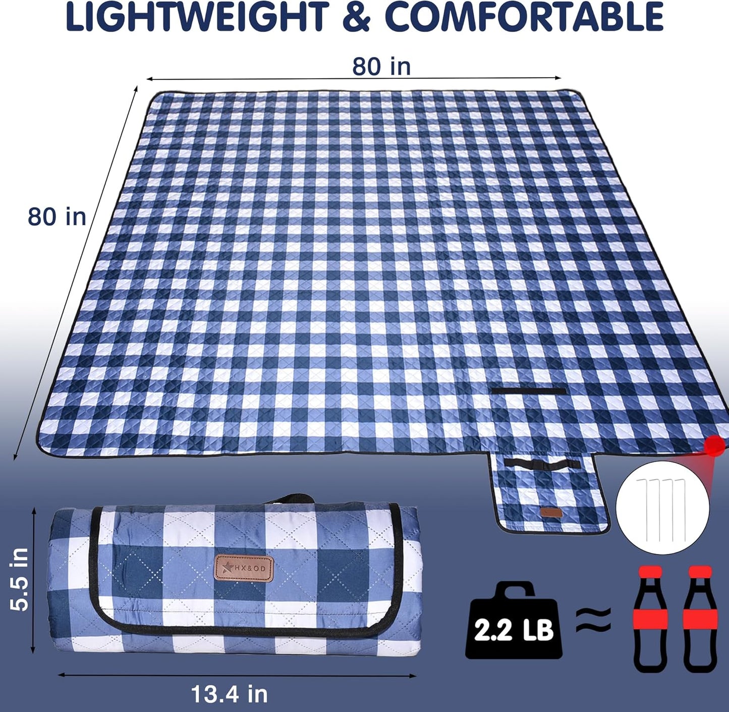 HX&OD Outdoor Picnic Blanket, Extra Large, 80''x80'' Waterproof Foldable Blankets Gingham Picnic Mat for Beach, Camping Grass Lawn Park Accessories Cute Couple Ideas Wedding (Blue, 80”x80”)