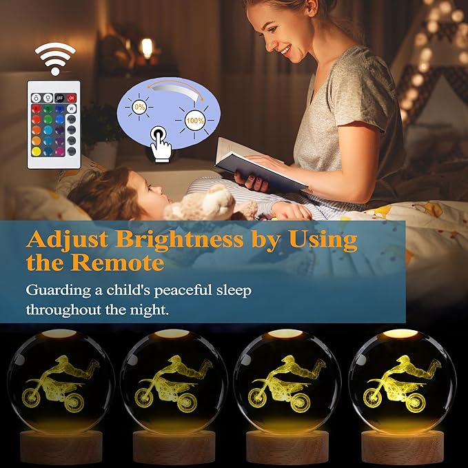 Dirtbike Night Light, Dirtbike Gifts, 3D Crystal Ball Dirtbike Lamp with Remote Upgraded 3.15 Inch with 16 Color for Birthday Xmas Cool Figurines Motorbike Gifts for Room Decor Boys Girls
