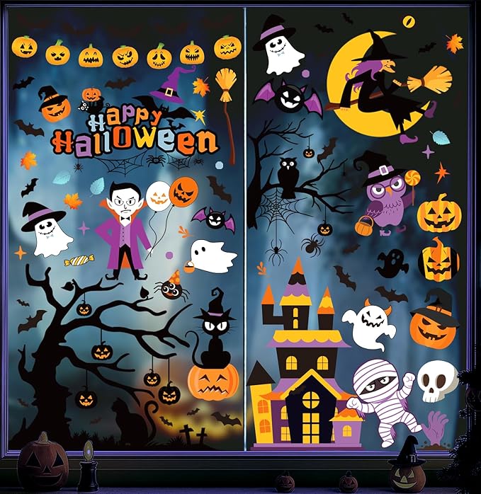 Halloween Window Clings - 9 Sheets 213 Pcs Happy Halloween Window Decorations Indoor for Home Party Eyes Pumpkin Ghost Bats Witch Stickers for Glass Double-Sided Removable Static Glass Decals