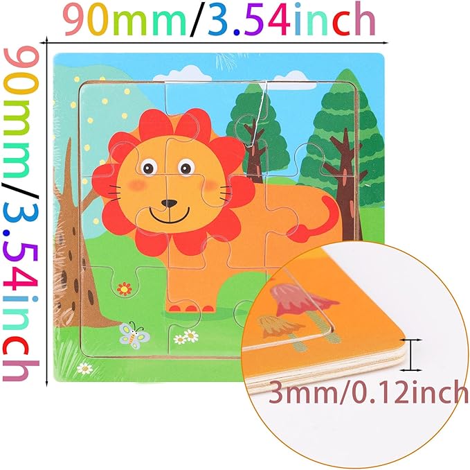 12 Pack 3.54" Mini Wooden Animal Jigsaw Puzzles for Kids Ages 2 3 Toddlers 9 Pieces Preschool Educational Puzzles Learning Travel Jigsaw Puzzle Toys Gift for Boys and Girls