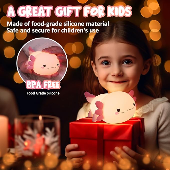Lampeez Axolotl Gifts, Cute Axolotl Night Light, Soft Silicone Lamp Nursery Nightlight LED Touch Light, Bedroom Decor as Xmas Birthday Gift for Boys Girls