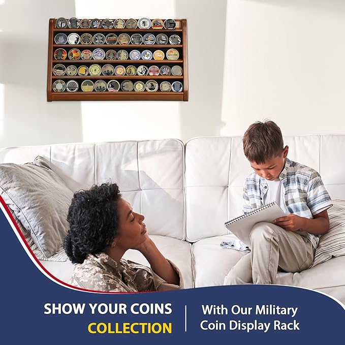 5 Rows Challenge Coin Holder Display Stand Holds 50 Coins for Wall Mount or Tabletop, Solid Wood Military Coin Rack Display Case for Collectibles, Walnut