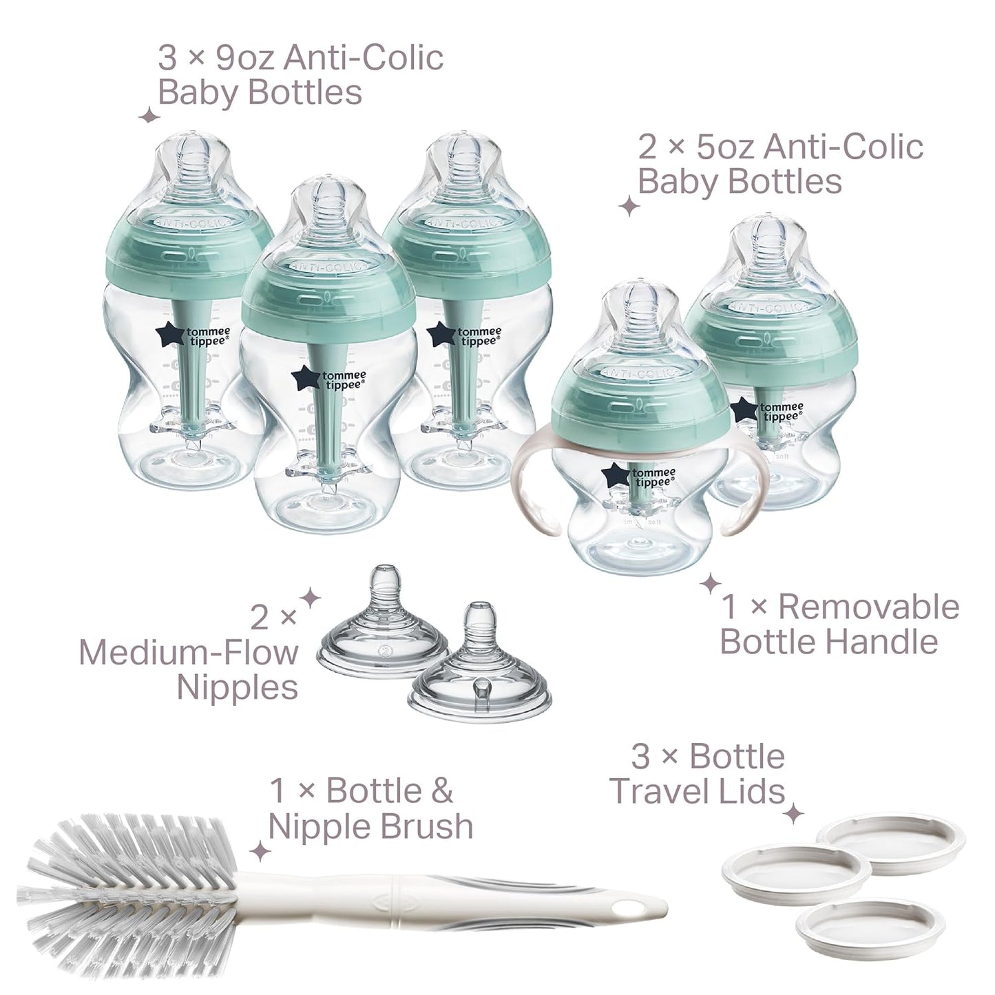Tommee Tippee Advanced Anti-Colic 12 Piece Set, 5 oz and 9 oz BPA Free Bottles, Newborn 0+ Months, Includes Slow & Medium-Flow Breast-Like Nipples and Bottle Handles and Cleaning Brush