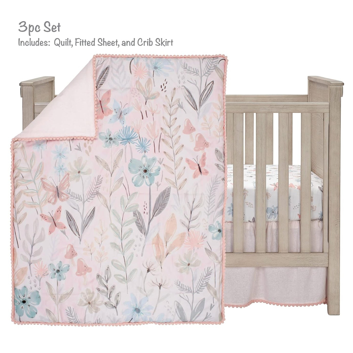 Lambs & Ivy Baby Blooms 3-Piece Pink Floral/Butterfly Baby Crib Bedding Set